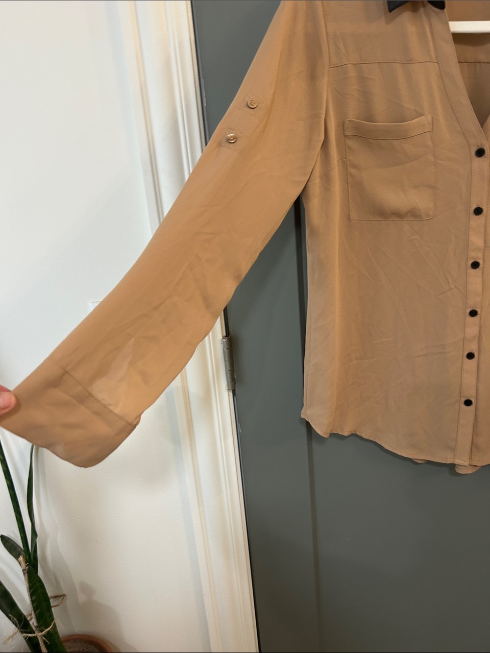 Express Two-Tone Tan Button-Down Blouse with Black Collar size medium new - Picture 4 of 5
